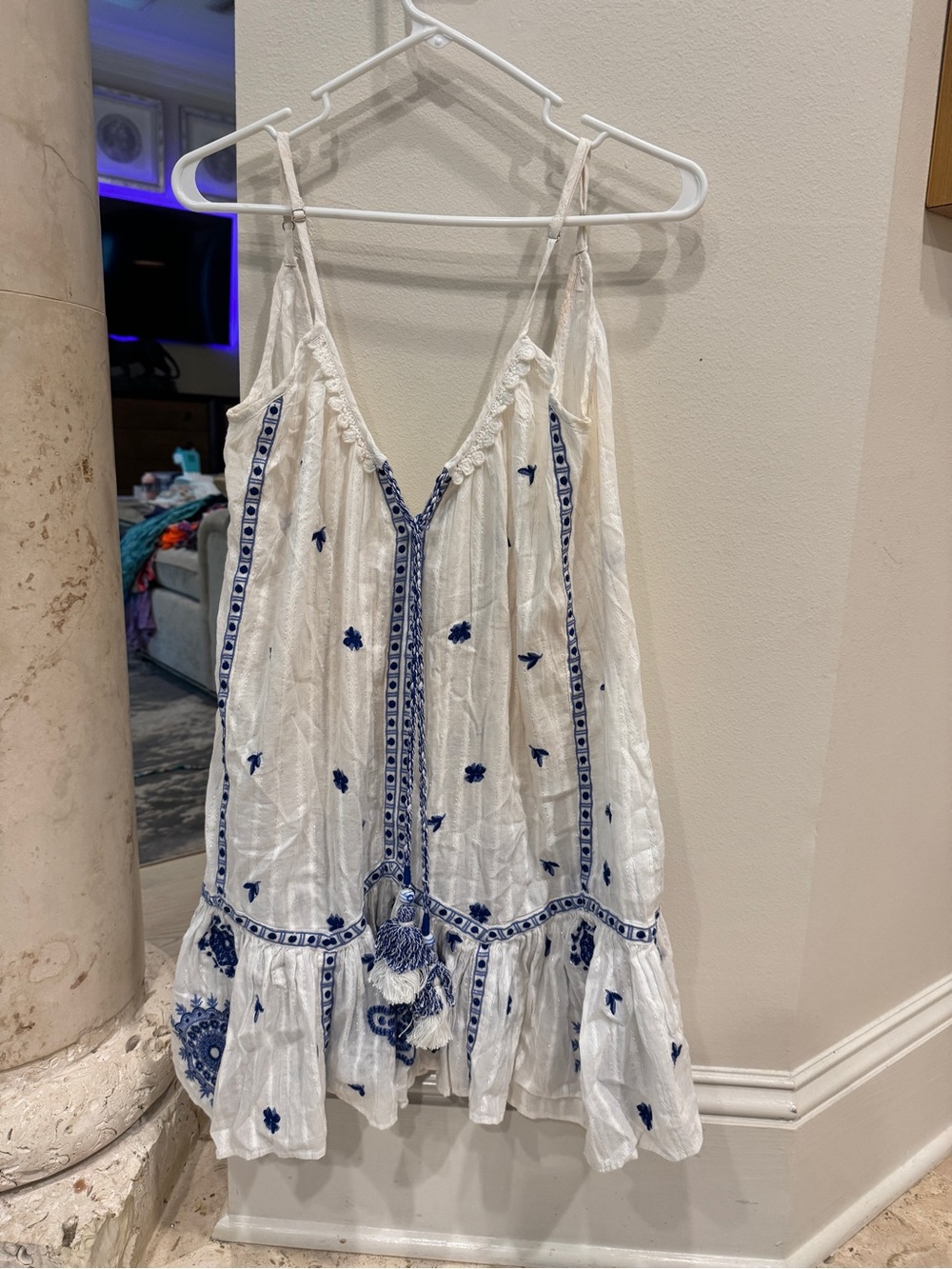 Ramy Brooke White Gauze Embroidered Sundress with Blue Details